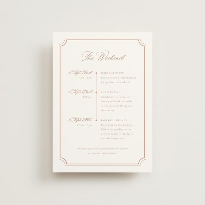 "Avery" - Wedding Weekend Itinerary Cards in Dusty Pink by Jennifer Postorino - Front