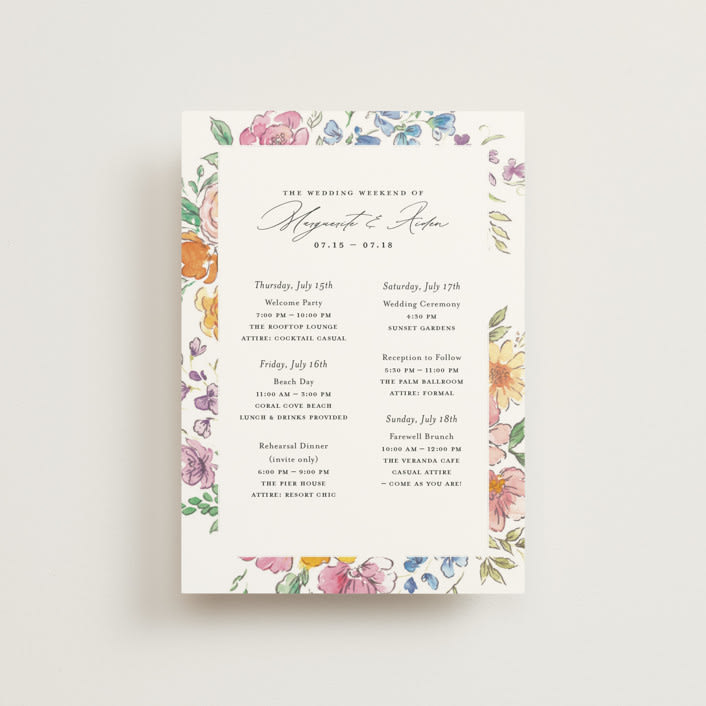 "Floral Pop" - Wedding Weekend Itinerary Cards in Tropical by Itsy Belle Studio - Front