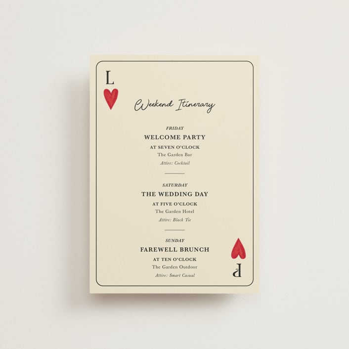 "Red Hearts" - Wedding Weekend Itinerary Cards in Champagne by Helena Vitto - Front