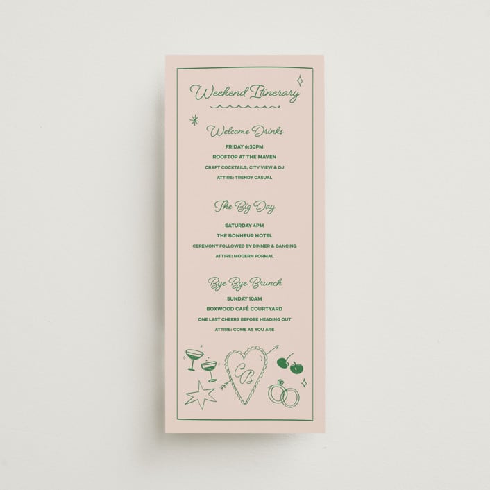 "Crazy Little Thing Called Love" - Wedding Weekend Itinerary Cards in Avocado by Helena Vitto - Front