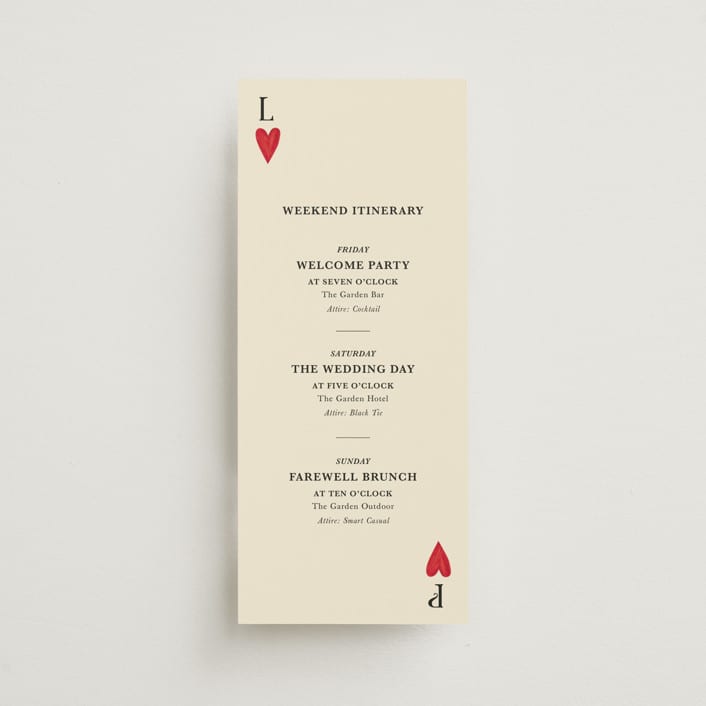 "Red Hearts" - Wedding Weekend Itinerary Cards in Champagne by Helena Vitto - Front