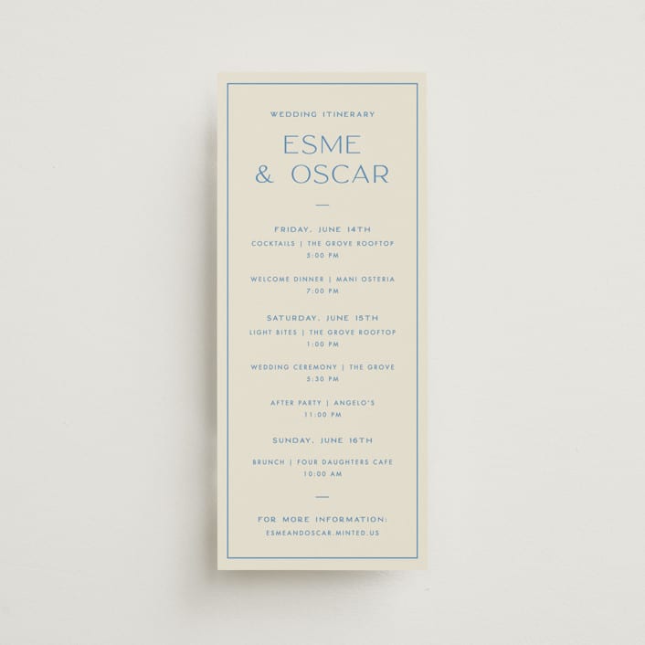 "Brooklyn" - Wedding Weekend Itinerary Cards in Cerulean by Ellen Schlegelmilch - Front