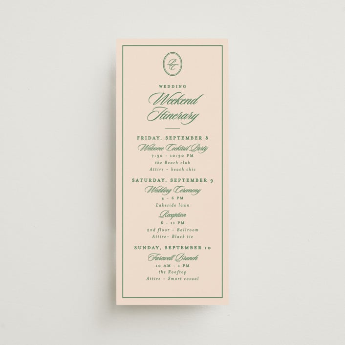 "Scripted" - Wedding Weekend Itinerary Cards in Emerald by Creo Study - Front