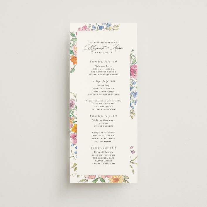"Floral Pop" - Wedding Weekend Itinerary Cards in Tropical by Itsy Belle Studio - Front