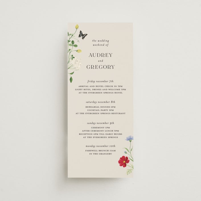 "Wild meadow" - Wedding Weekend Itinerary Cards in Elder Flower by Sarah Knight - Front