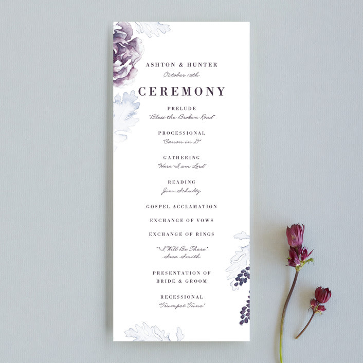 "Evening Bloom" - Wedding Programs in Eggplant by Snow and Ivy - Front