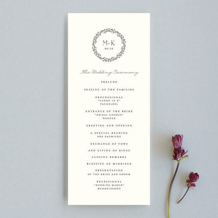 "Wreath of Laurels" - Wedding Programs in Ivory by Chris Griffith - Front