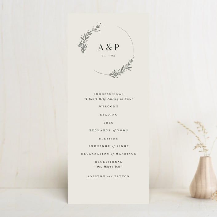 "Encircled Wreath" - Wedding Programs in Fog by Robert and Stella - Front