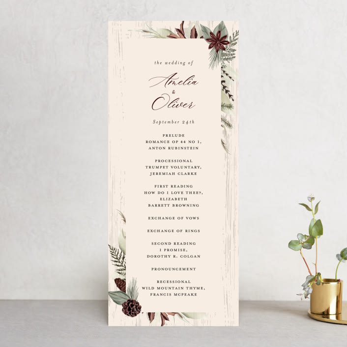 "Woodland Garden" - Wedding Programs in Mahogany by Susan Moyal - Front