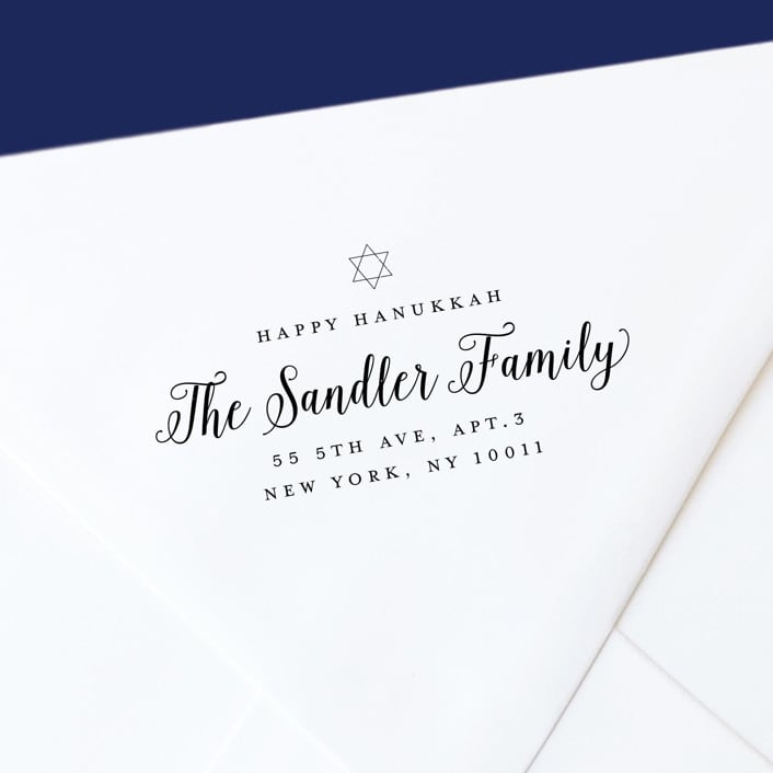 "Happy Hanukkah Self-Inking Address Stamp" - Address Stamps in black by The Homebody Society