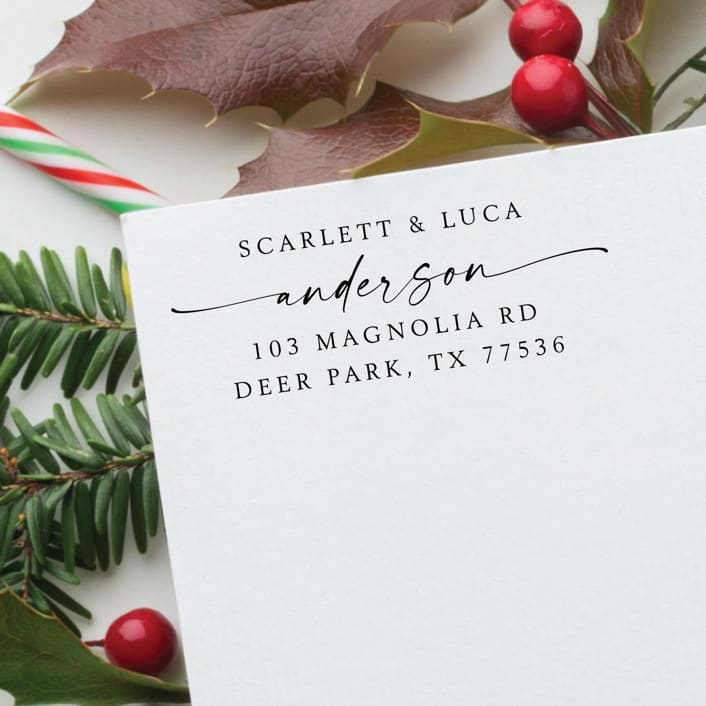 "Couple Names Holiday Stamp | Self Inking Return Address Stamp" - Address Stamps in black by Samantha Malvey