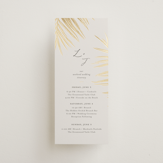 "Gilded Palm" - Wedding Weekend Itinerary Cards in Sand by Melinda Denison - Front