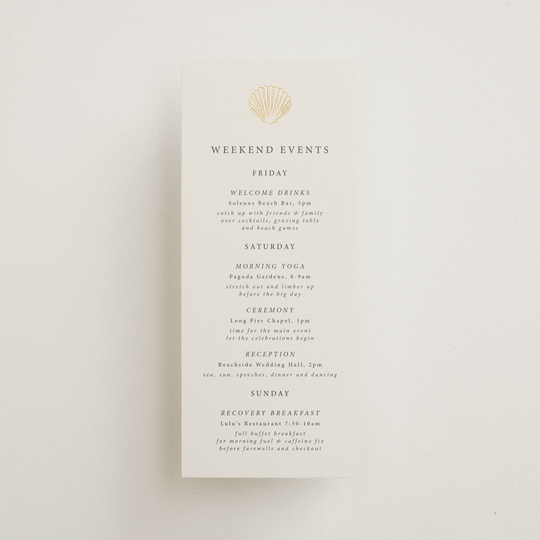 "Simple Seashell" - Wedding Weekend Itinerary Cards in Sand by Hannah Bowman - Front