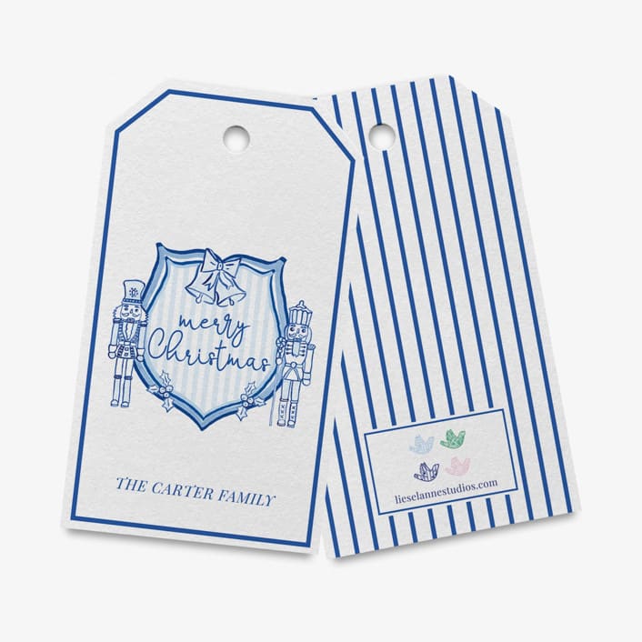"Personalized Blue Nutcracker Christmas Crest Gift Tags (Set of 24)" - Holiday Gift Tags in blue by Liesel Anne