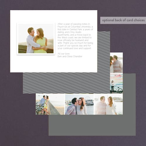This is a charcoal grey wedding announcements with standard by Shirley Lin Schneider called oh so dreamy printing on recycled smooth signature in standard