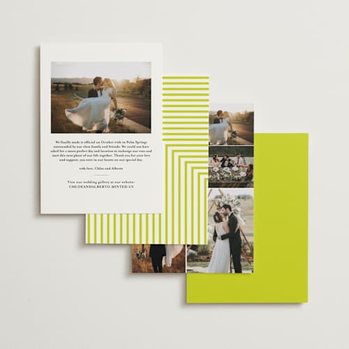 This is a chartreuse wedding announcements with standard by Waldo Press called vintage kraft printing on recycled smooth signature in standard