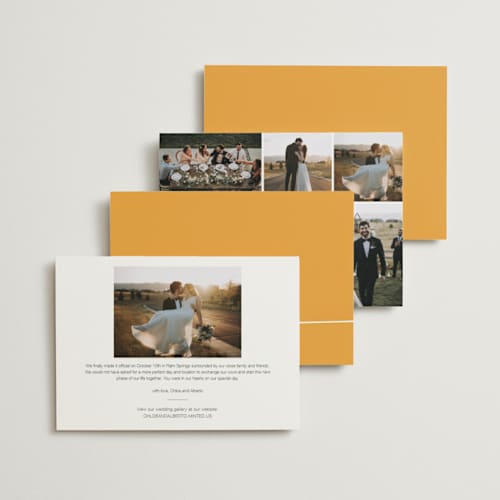 This is a yellow wedding announcements with standard by R studio called the happy couple printing on signature in standard