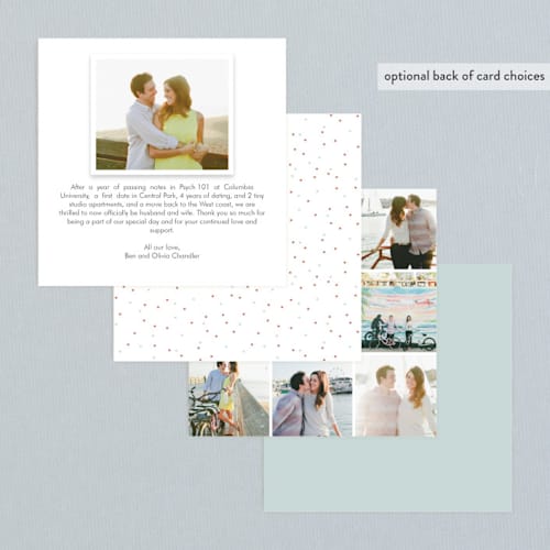 This is a light teal wedding announcements with standard by Three Kisses Studio called just married printing on signature in standard