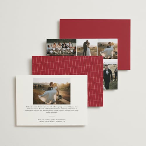 This is a deep red wedding announcements with standard by bumble ink called a faraway destination printing on signature in standard
