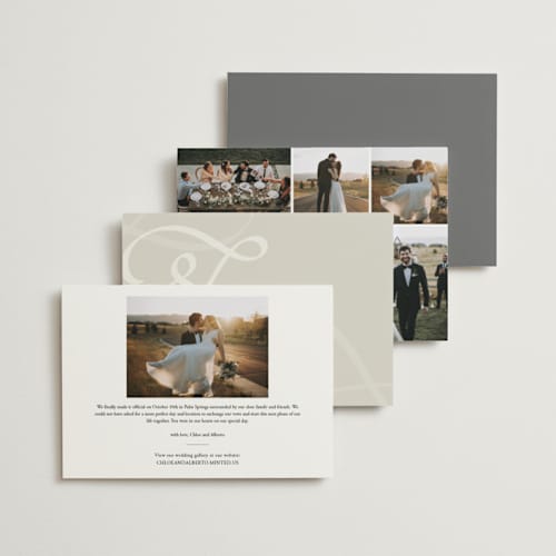 This is a pure white wedding announcements with standard by Helena Seo Design called belle memoire printing on signature in standard
