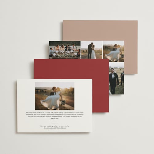 This is a burgundy wedding announcements with standard by Design Lotus called bowtie printing on signature in standard