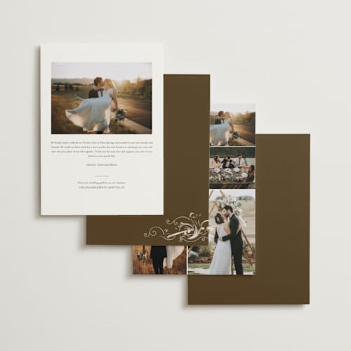 This is a mocha wedding announcements with standard by Milkmaid Press called celebration printing on signature in standard