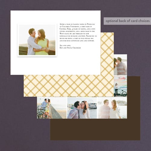 This is a butterscotch wedding announcements with standard by Annie Clark called oak tree printing on signature in standard