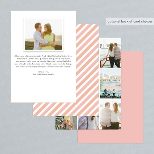 This is a peach coral wedding announcements with standard by Float Paperie called float + sweetie stripe printing on signature in standard