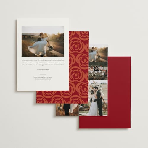 This is a burgundy wedding announcements with standard by Jana Volfova called love birds printing on signature in standard