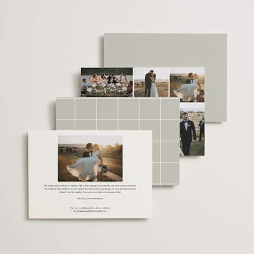 This is a cream wedding announcements with standard by Stacey Meacham called modern offset printing on recycled smooth signature in standard
