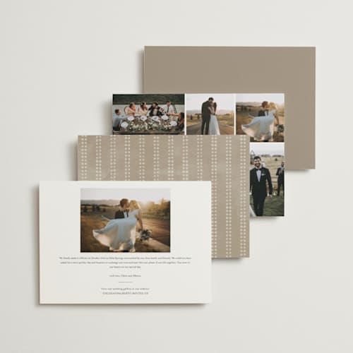 This is a nutmeg wedding announcements with standard by Melissa Egan of Pistols called kindred printing on recycled smooth signature in standard