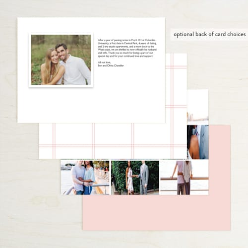 This is a blush wedding announcements with standard by Hudson meet Rose called sealed with a kiss printing on recycled smooth signature in standard