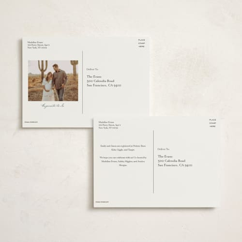 This is a baby blue baby shower postcards with standard by Olivia Raufman called gingham rockinghorse printing on signature in postcard