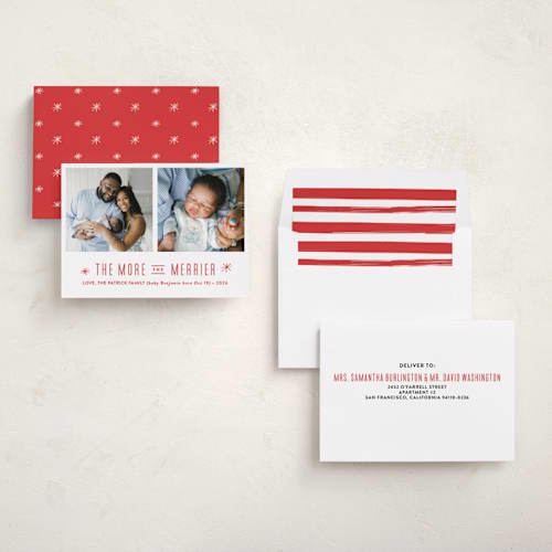 This is a snowflake babys first christmas with standard by Carolyn MacLaren called the more, the merrier printing on recycled smooth signature in standard