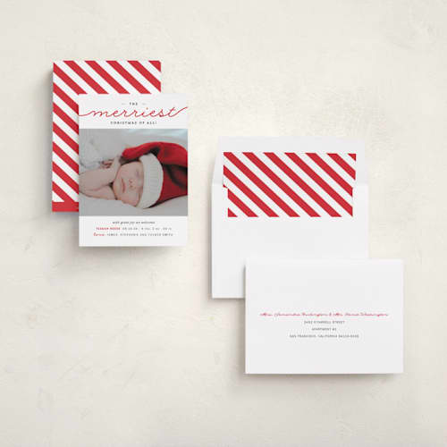 This is a fire engine red babys first christmas with standard by Sara Hicks Malone called the merriest christmas of all printing on recycled smooth signature in standard