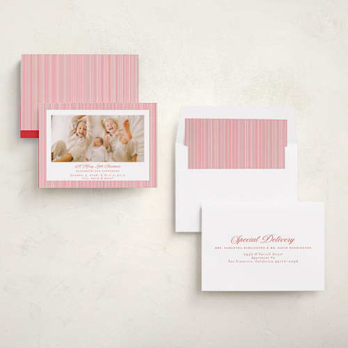This is a cranberry babys first christmas with standard by Jennifer Holbrook called holiday baby stripes printing on recycled smooth signature in standard