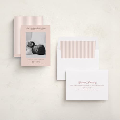 This is a cotton candy babys first christmas with standard by Jennifer Holbrook called our happy new year printing on recycled smooth signature in standard
