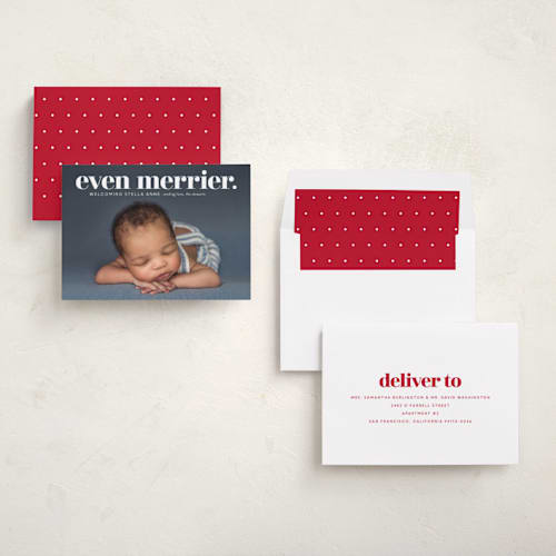 This is a snow babys first christmas with standard by Lori Wemple called even merrier. printing on recycled smooth signature in standard