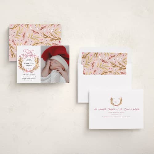 This is a winter rose babys first christmas with standard by Alethea and Ruth called first christmas wreath printing on recycled smooth signature in standard