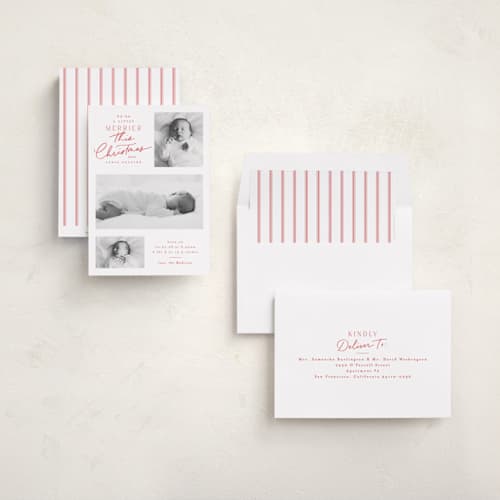 This is a caramel apple babys first christmas with standard by Everett Paper Goods called merrier this year printing on recycled smooth signature in standard