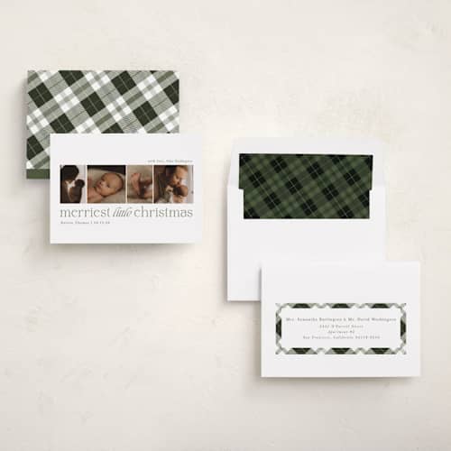 This is a forest babys first christmas with standard by Sarah Brown called little merriest printing on recycled smooth signature in standard