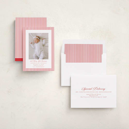 This is a cranberry babys first christmas with standard by Jennifer Holbrook called holiday baby stripes printing on recycled smooth signature in standard