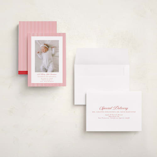 This is a cranberry babys first christmas with standard by Jennifer Holbrook called holiday baby stripes printing on signature in grand