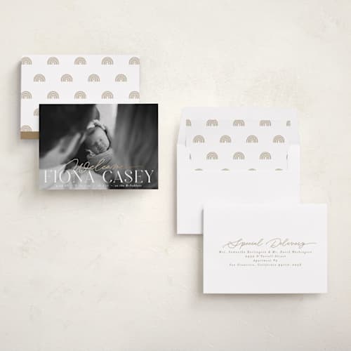 This is a cotton foil stamped birth announcements with foil pressed by Everett Paper Goods called welcoming printing on recycled smooth signature in standard