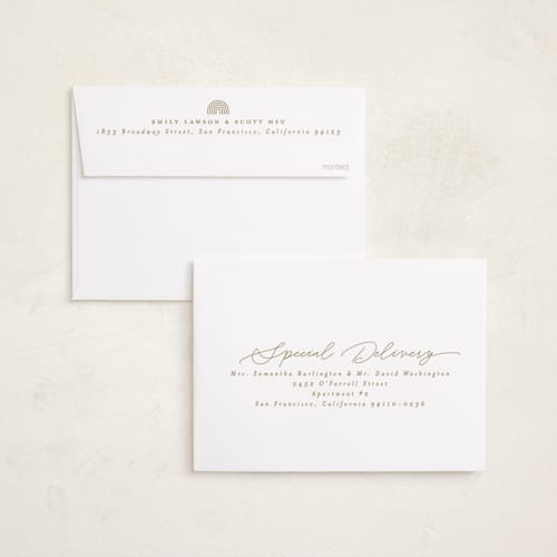 This is a cotton foil stamped birth announcements with foil pressed by Everett Paper Goods called welcoming printing on recycled smooth signature in standard