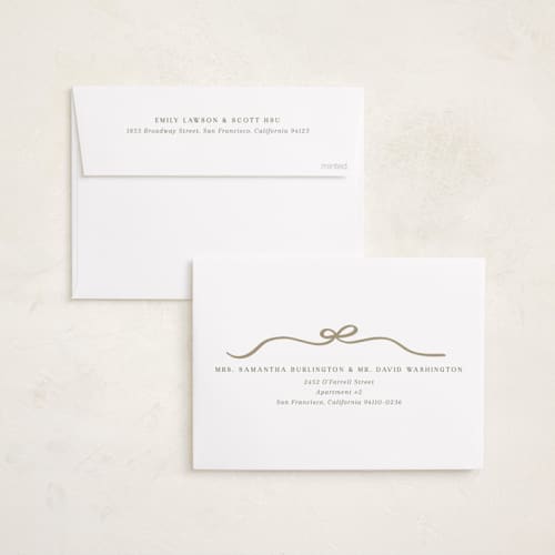 This is a cotton foil stamped birth announcements with foil pressed by Kaydi Bishop called bow tied printing on recycled smooth signature in standard