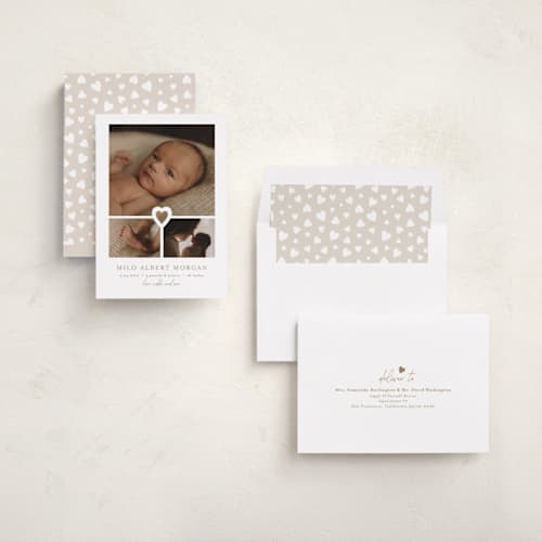 This is a fawn foil stamped birth announcements with foil pressed by Jen Tips called our little sweetheart printing on recycled smooth signature in standard