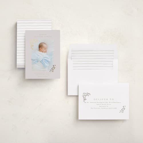 This is a latte foil stamped birth announcements with foil pressed by Kristie Kern called tiny sprigs printing on recycled smooth signature in standard