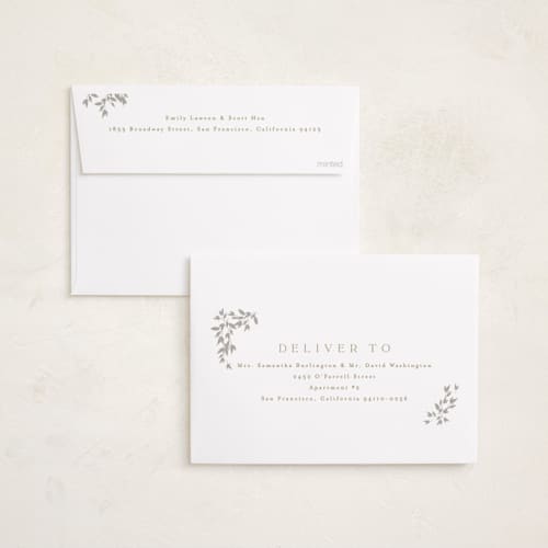 This is a latte foil stamped birth announcements with foil pressed by Kristie Kern called tiny sprigs printing on recycled smooth signature in standard