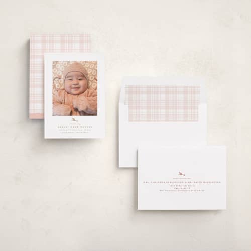 This is a blush foil stamped birth announcements with foil pressed by Carolyn Nicks called new delivery printing on recycled smooth signature in standard